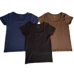 WHBM set of 3 Stretch Short Sleeve Scoop Neck Tops Large Blue, Black, Brown